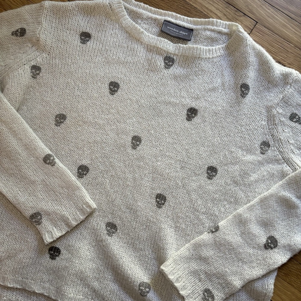 Wooden Ships Skull Gray Knit Sweater Womens X/S Coastal Cozy Whimsigoth Goth